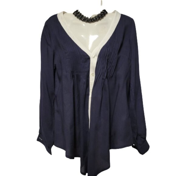 𝅺dark Blue Long Sleeve Cotton Blouse Top with White Trim Various Size S - Picture 7 of 8